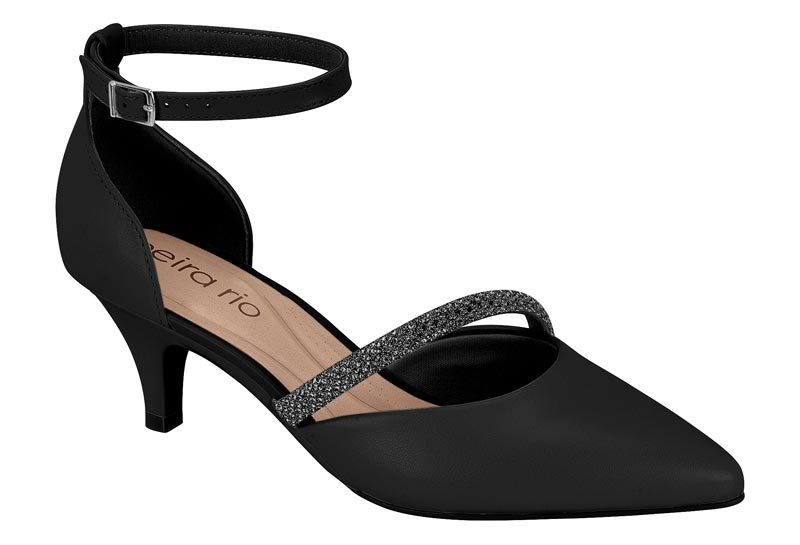 Zapatilla Negra Tacón Kitten con Tira Strass Beira Rio