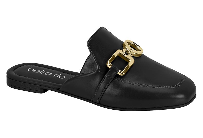 Mule Plano con Herraje Metálico Dorado Negro Beira Rio