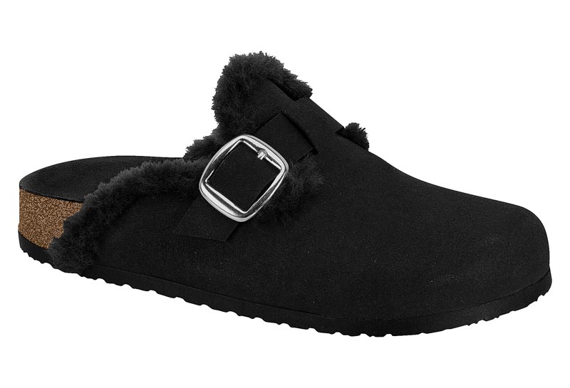Mule Beira Rio Camurzado Negro con Peluche y Hebilla
