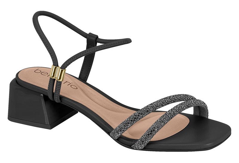 Sandalia Tiras Glitter Tacón Bloque Negro Beira Rio