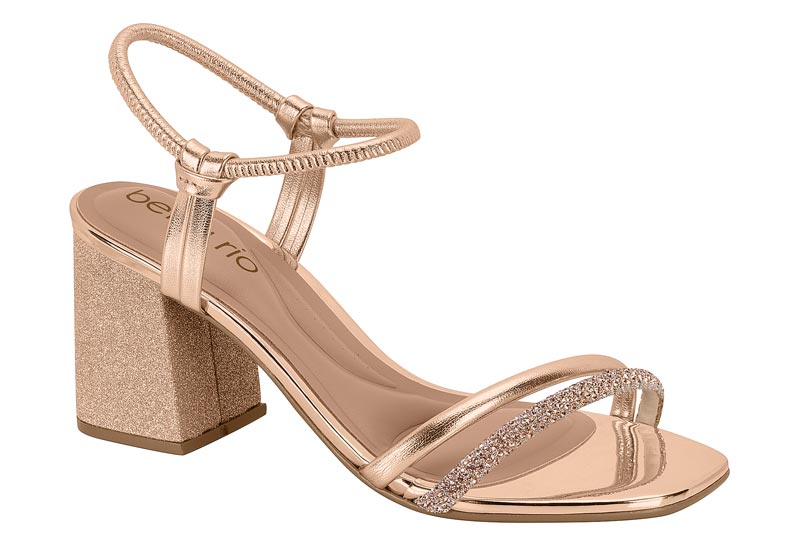 Sandalia Tacón Bloque Glitter Strass Oro Rosado Beira Rio