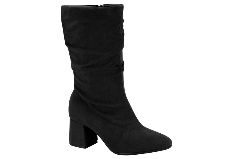 Bota Negra Fruncida de Gamuza Stretch con Tacón Bloque Beira Rio