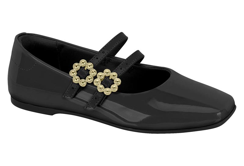 Balerina Mary Jane Charol Negro con Hebillas Doradas Molekinha