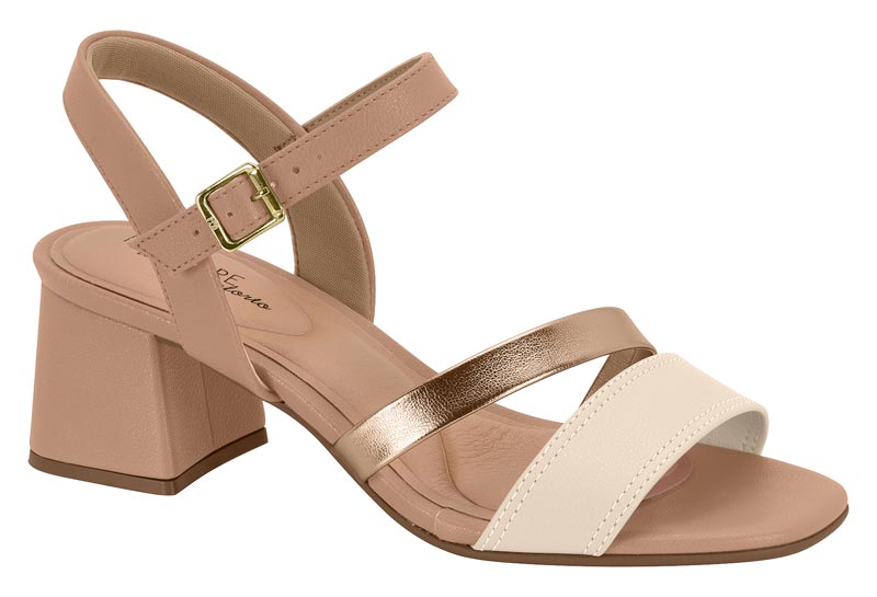 Sandalia Tacón Bloque Napa Combinada Crema Oro Modare