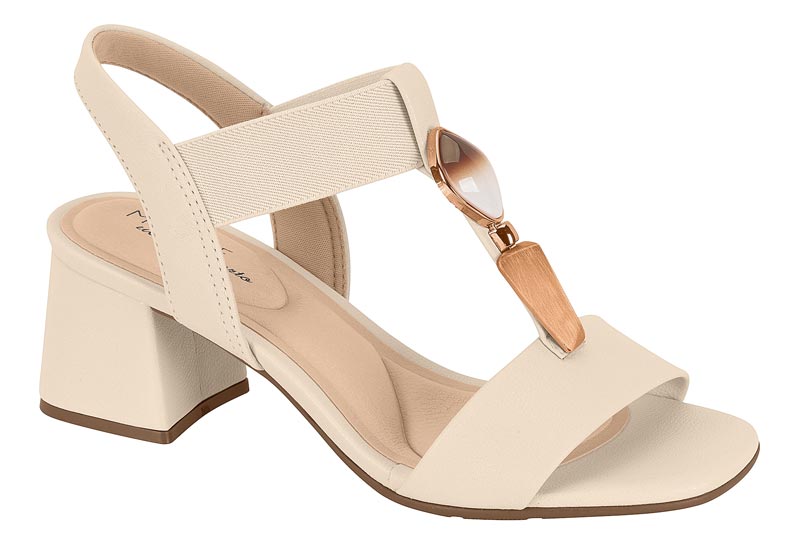 Sandalia Bloque T-Strap Adorno Elástico Crema Modare
