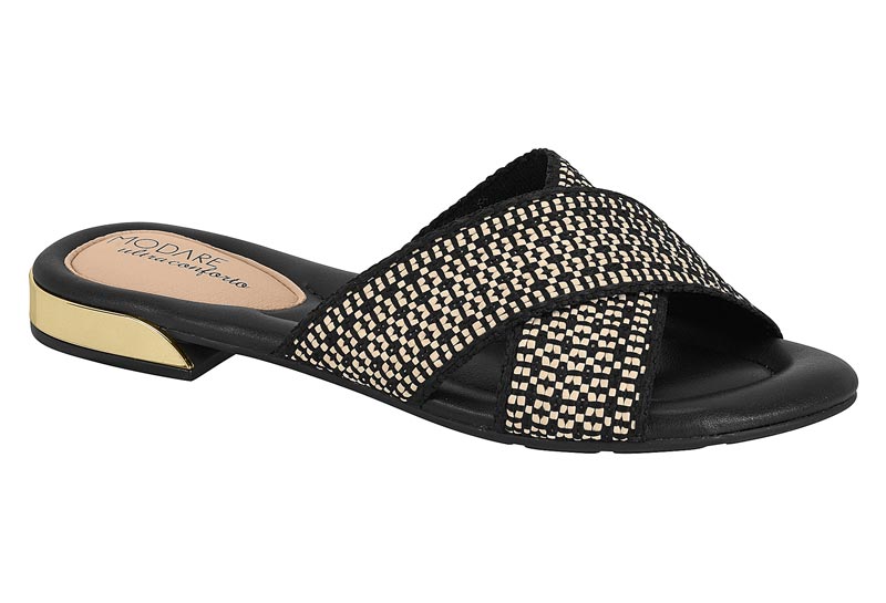 Sandalia Ultra Conforto Tiras Cruzadas Woven Negro Beige Modare