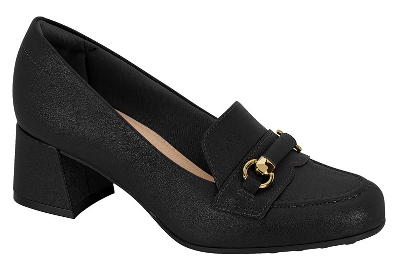 Mocasín Negro con Herraje Dorado y Tacón Bloque Modare
