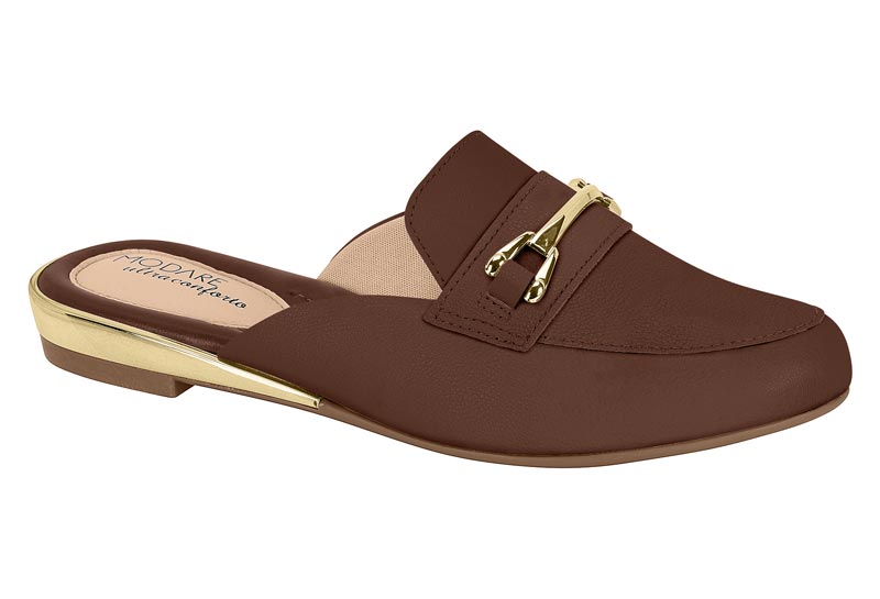 Mule Tipo Mocasín Conforto Herraje Dorado Café Modare