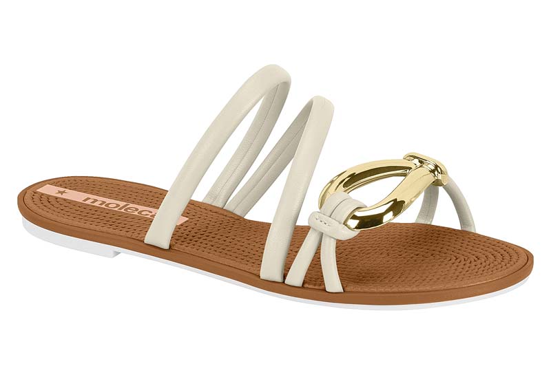 Sandalia Plana Tiras con Adorno Dorado Blanco Off Moleca