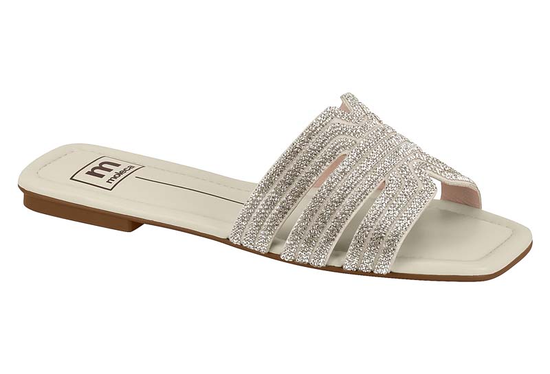Sandalia Plana con Tiras Brillantes de Strass Blanco Off Moleca
