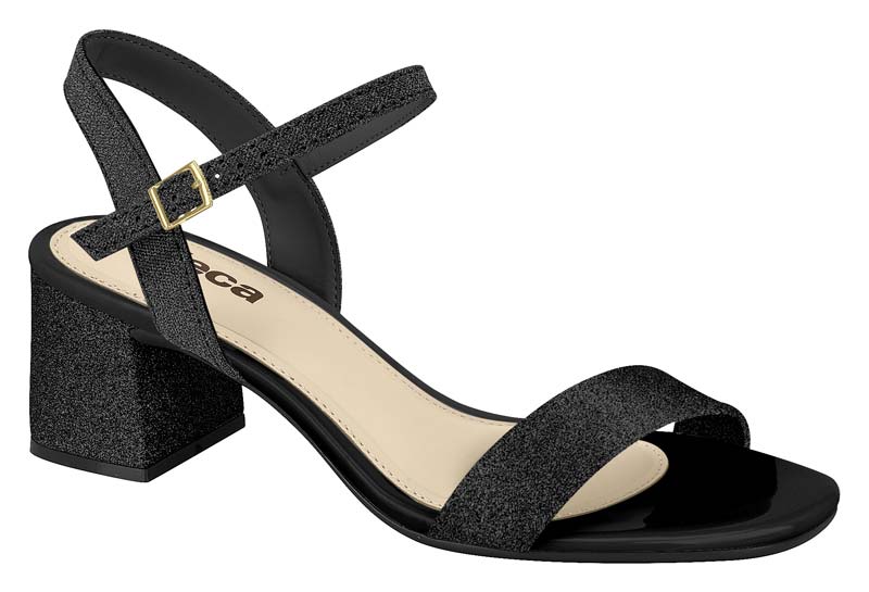 Sandalia Tacón Bloque Glitter Negro con Correa Moleca