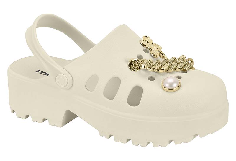 Zapatilla Clog Track Charms Cadena Perla Moleca Blanco Off