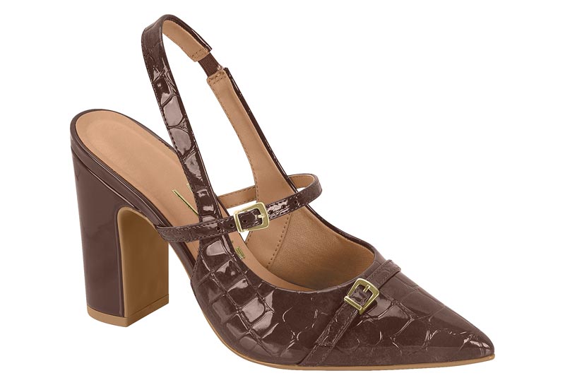 Zapatilla Destalonada Charol Croco Tacón Bloque Chocolate Vizzano