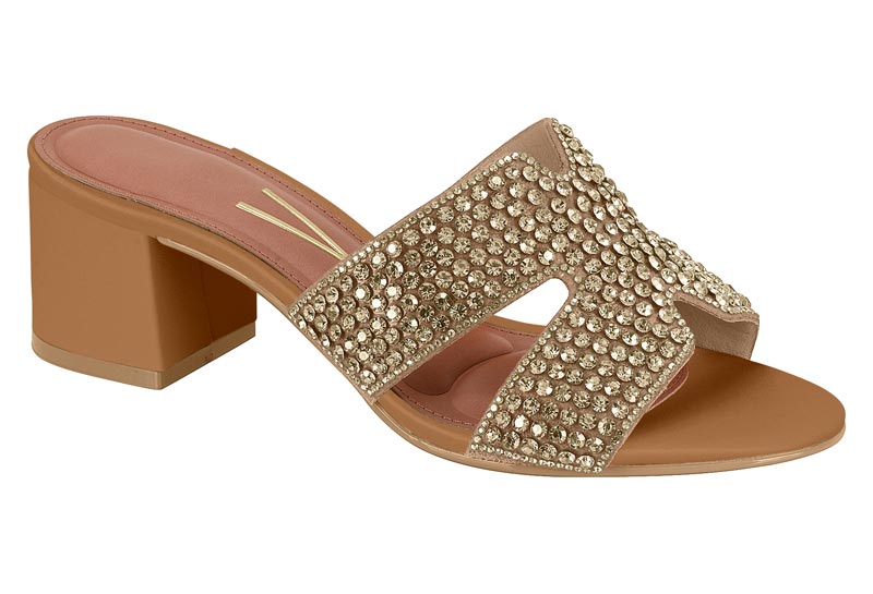Sandalia de Tacón Bloque con Pedrería Dorada Beige Vizzano