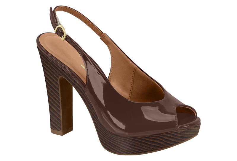 Sandalia Peep Toe Slingback Plataforma Bloque Charol Chocolate Vizzano