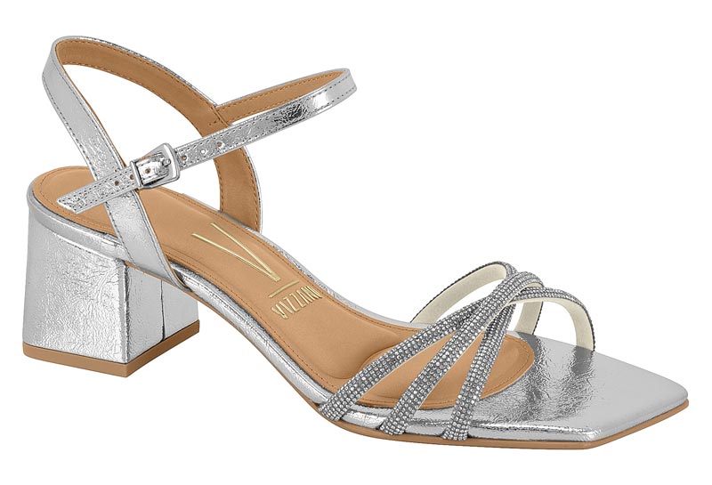 Sandalia Tacón Bloque Cuadrada Glitter Plata Vizzano